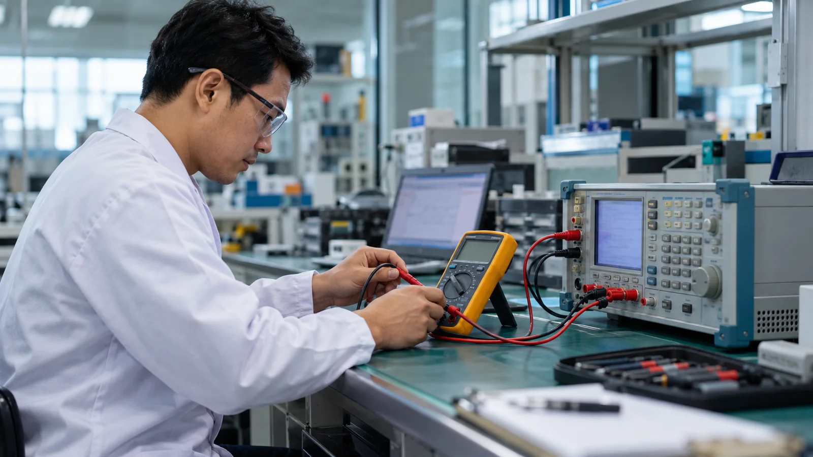 Teknisi melakukan kalibrasi multimeter dengan instrumen acuan di laboratorium