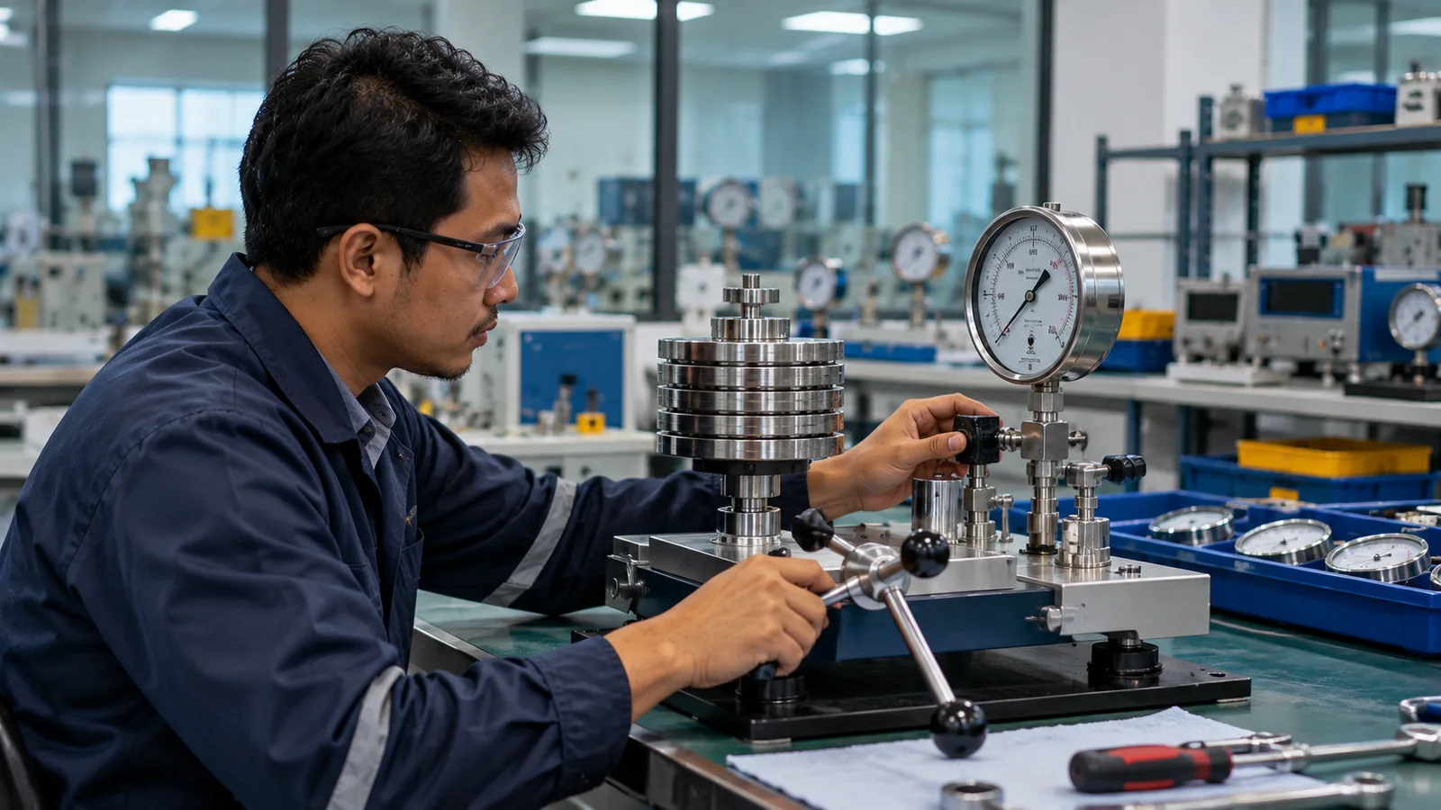 Teknisi mengkalibrasi pressure gauge menggunakan deadweight tester