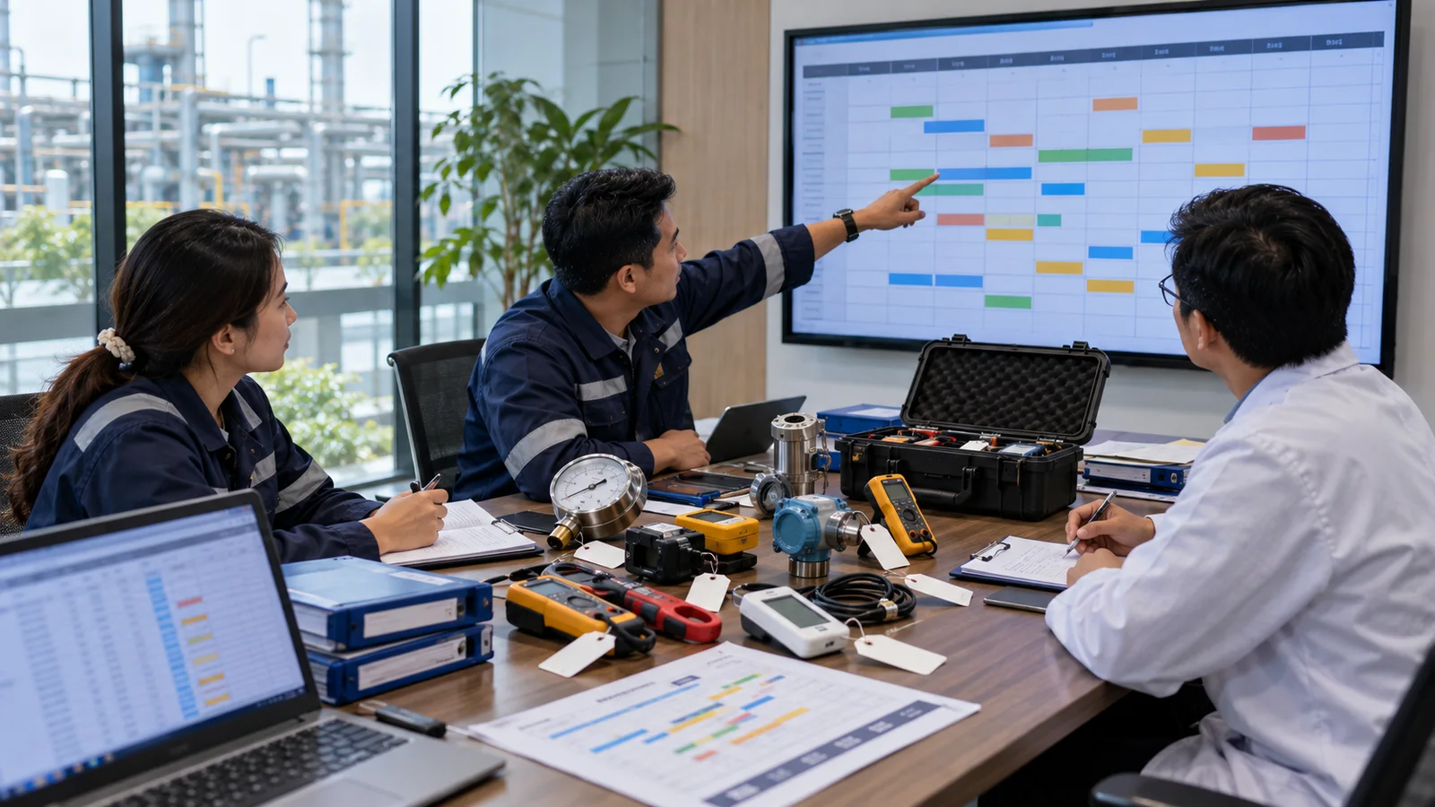 Tim perusahaan menyusun jadwal kontrak kalibrasi tahunan untuk berbagai alat ukur
